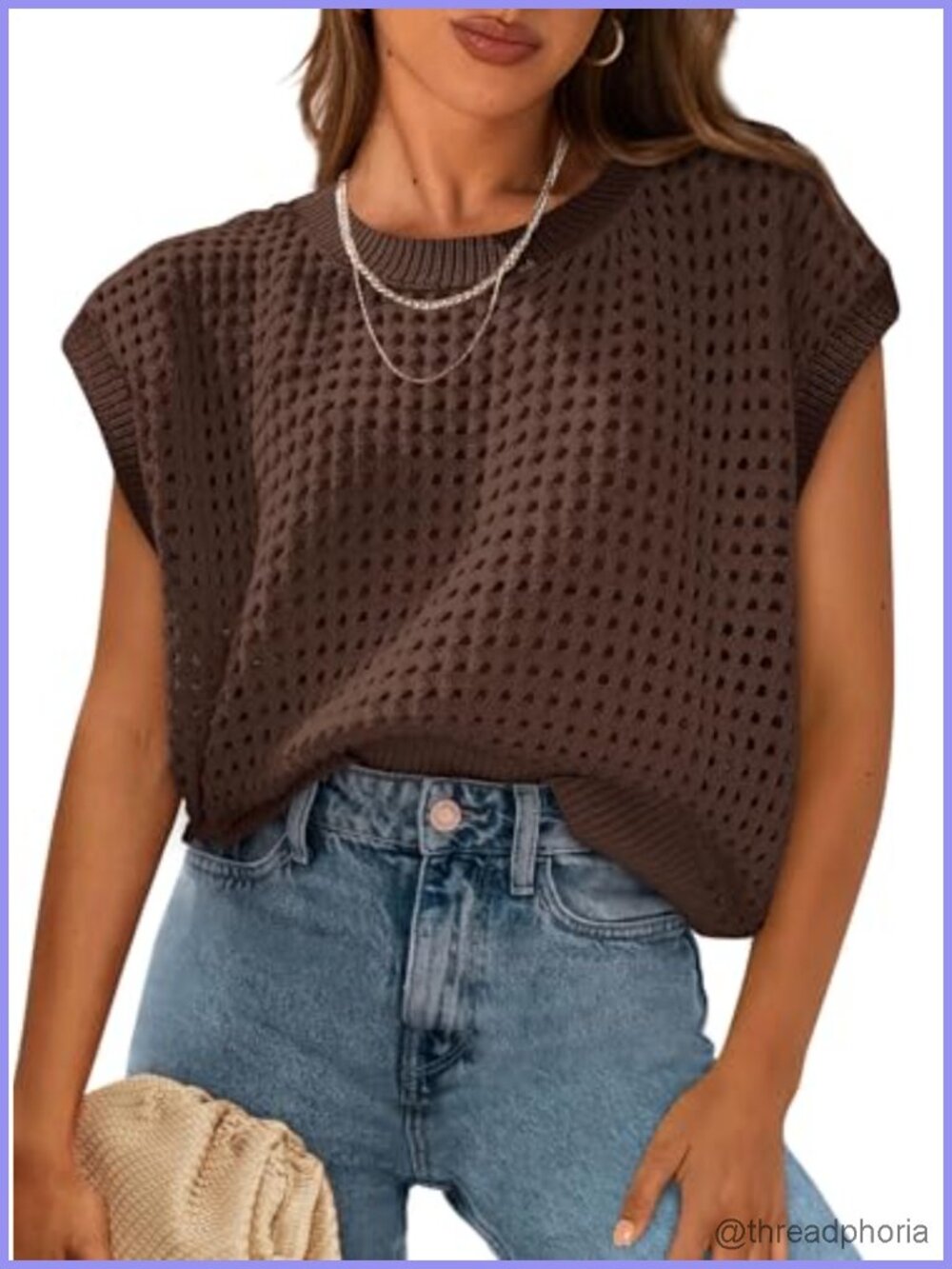 Women's Crochet Cap Sleeve Sweater Top Cotton Boho Crew Neck